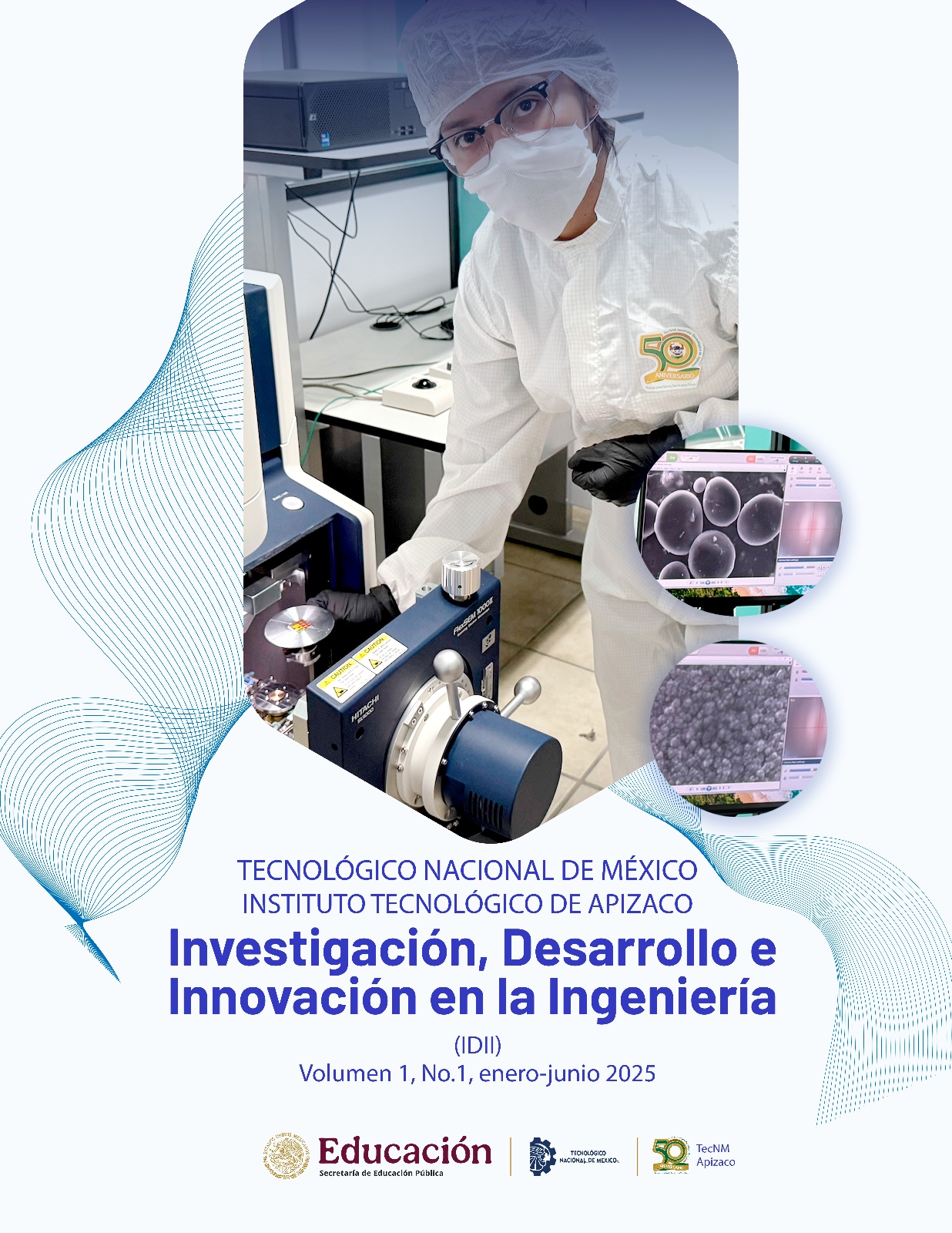 La portada ilustra a una estudiante de posgrado en el proceso de caracterización morfológica d edispositivos semiconductores. Para ello, emplea un microscopio electrónico de barrido FlexSEM 1000ll de la marca Hitachi, equipo de vanguardia que forma parte de la infraestructura científica del Departamento de Ingeniería Eléctrica-Electrónica del TecNM/Instituto Tecnológico de Apizaco. Esta imagen refleja el compromiso institucional con la formación de recursos humanos altamente especializados, así como con la consolidación de capacidades tecnológicas que fortalecen la investigación aplicada en el área de los semiconductores.